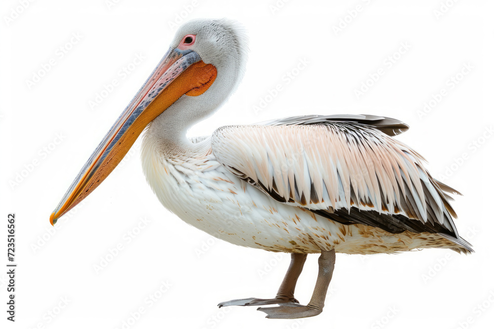 Close up photograph of a full body pelican isolated on a solid white background Close up photograph of a full body pelican isolated on a solid white background