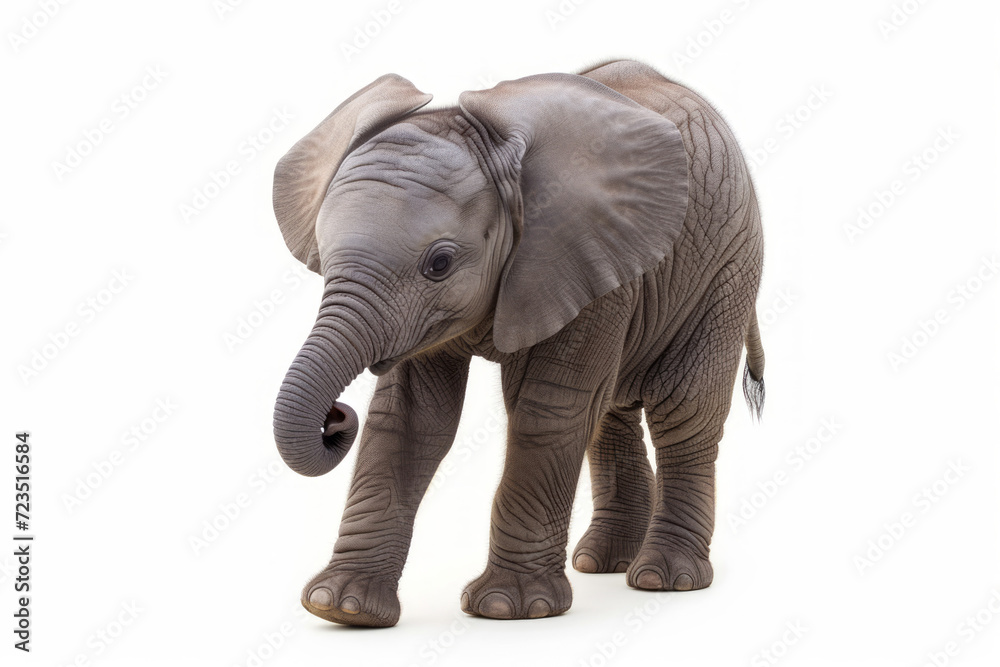 Close up photograph of a full body baby elephant isolated on a solid white background Close up photograph of a full body baby elephant isolated on a solid white background