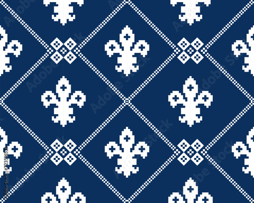 Fleur de lis seamless pattern.Classic royal embroidery vintage style.Traditional and little more modern. Flower with French origins.Vector illustration blue and white background design for decor.