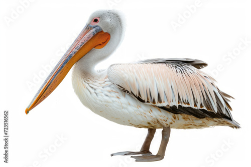 Close up photograph of a full body pelican isolated on a solid white background 