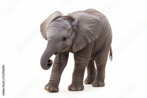 Close up photograph of a full body baby elephant isolated on a solid white background 