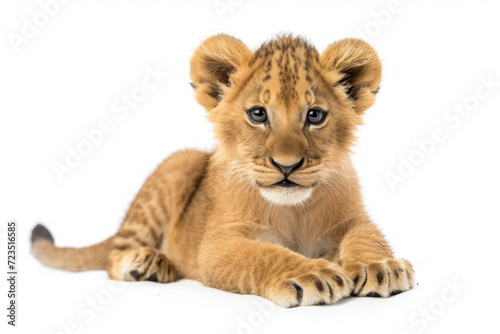 Close up photograph of a full body lion cub isolated on a solid white background 