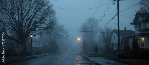 Foggy evening on a suburban street.