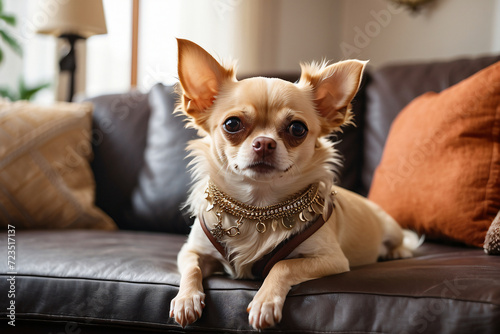 chihuahua dog sitting on the sofa