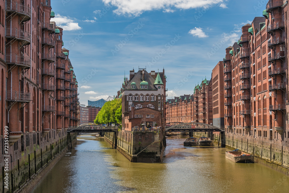 Hamburg Germany, city skyline at Speicherstadt and canal