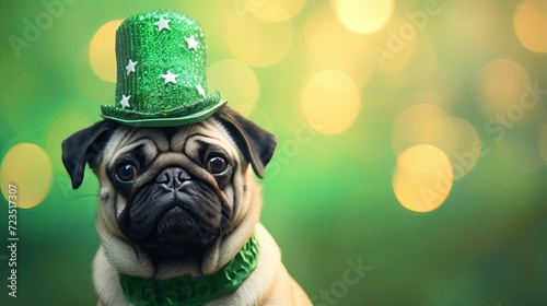 Pug dag fashion green hat costume on light golden bokeh background. St.Patrick’s Day. greeting card. presentation. advertisement. invitation. copy text space.