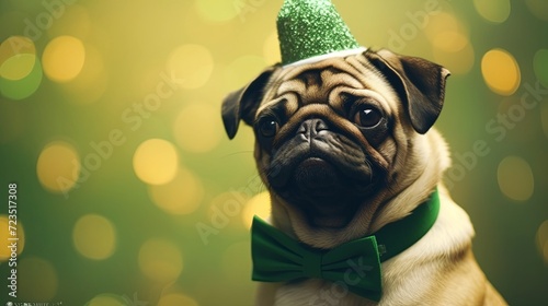 Pug dag fashion green hat bow tie costume on light golden bokeh background. St.Patrick’s Day. greeting card. presentation. advertisement. invitation. copy text space.