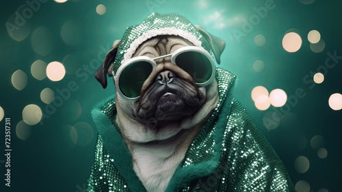 Funny Pug dag sunglasses fashion green costume on light bokeh background. St.Patrick’s Day. greeting card. presentation. advertisement. invitation. copy text space. photo
