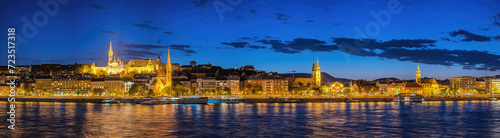 Budapest Hungary, night panorama city skyline at Matthias Church Fisherman's Bastion and Danube River
