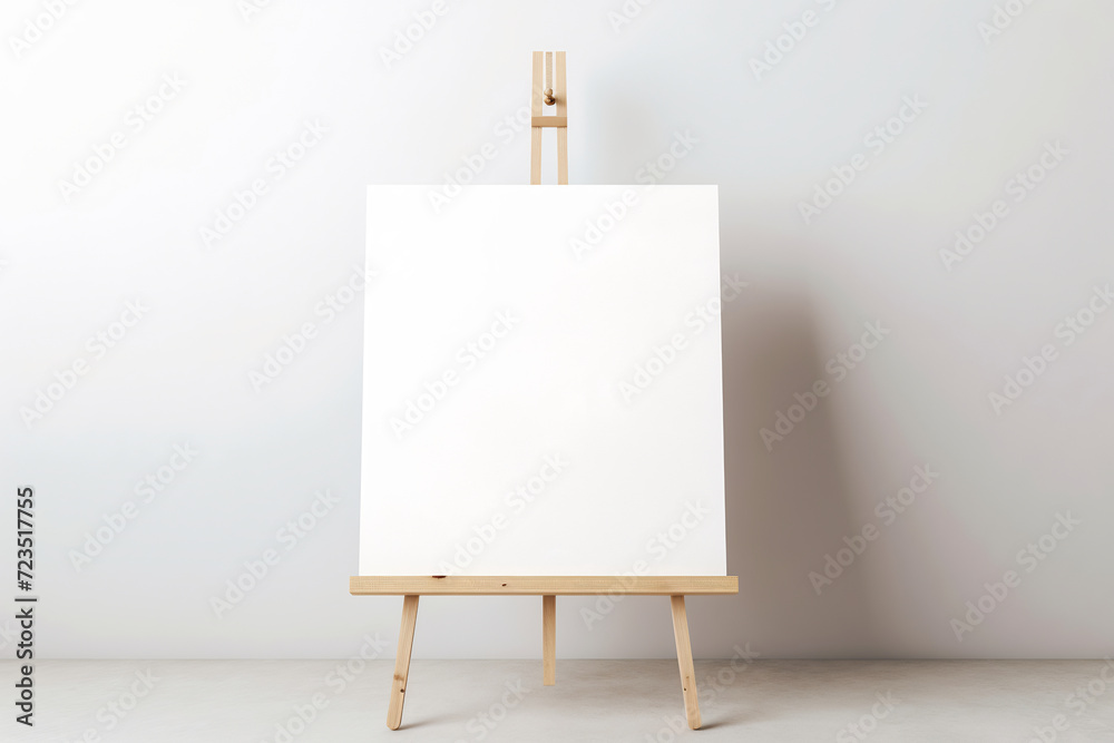 Blank Canvas on Wooden Easel in Minimalist Studio Space. The Promise of New Artistic Beginnings Blank Canvas on Wooden Easel in Minimalist Studio Space. The Promise of New Artistic Beginnings