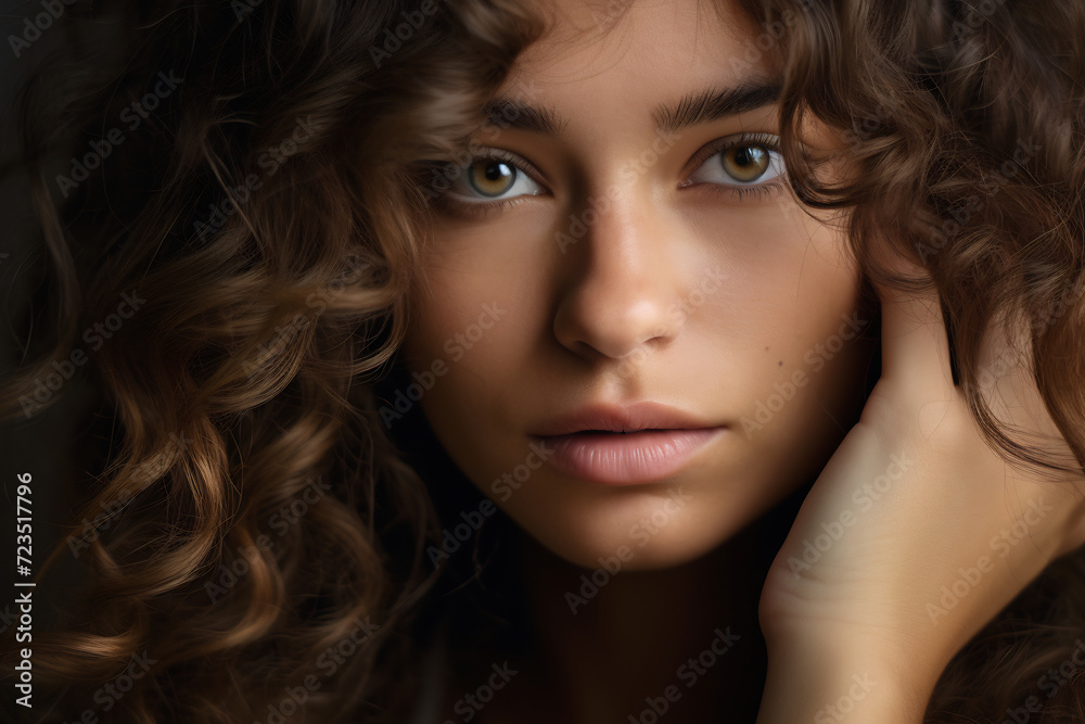 Portrait of a Woman with Curly Hair and Deep Eyes. Expressive Beauty and Emotion Portrait of a Woman with Curly Hair and Deep Eyes. Expressive Beauty and Emotion