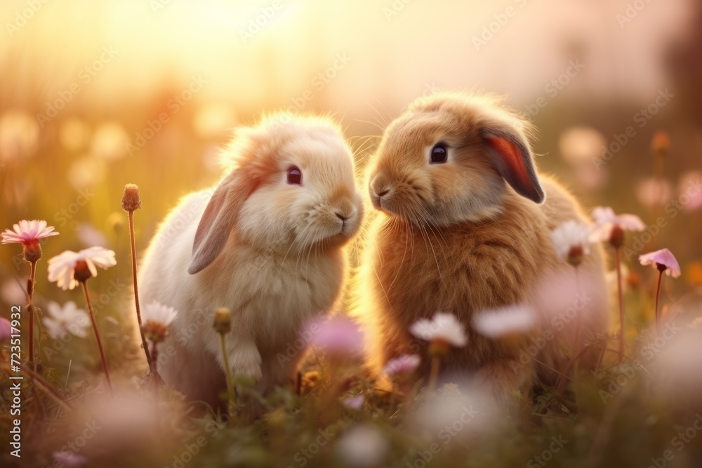 two cute American Fuzzy Lop rabbit, funny bunny on the grass in flowers.