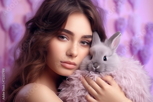 A beautiful girl is holding an American Fuzzy Lop rabbit, funny bunny.