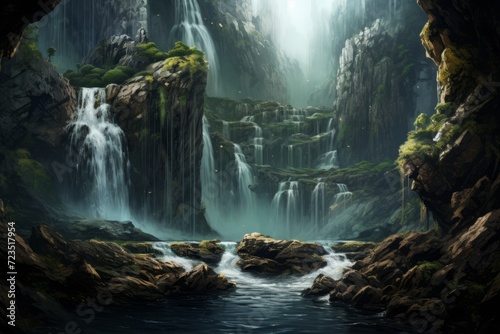 a landscape with a waterfall. streams of water flowing down the slope.