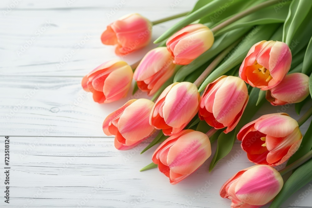 Beautiful tulip flower bouquet on white wooden background. Spring mockup, product display. Beautiful tulip flower bouquet on white wooden background. Spring mockup, product display.