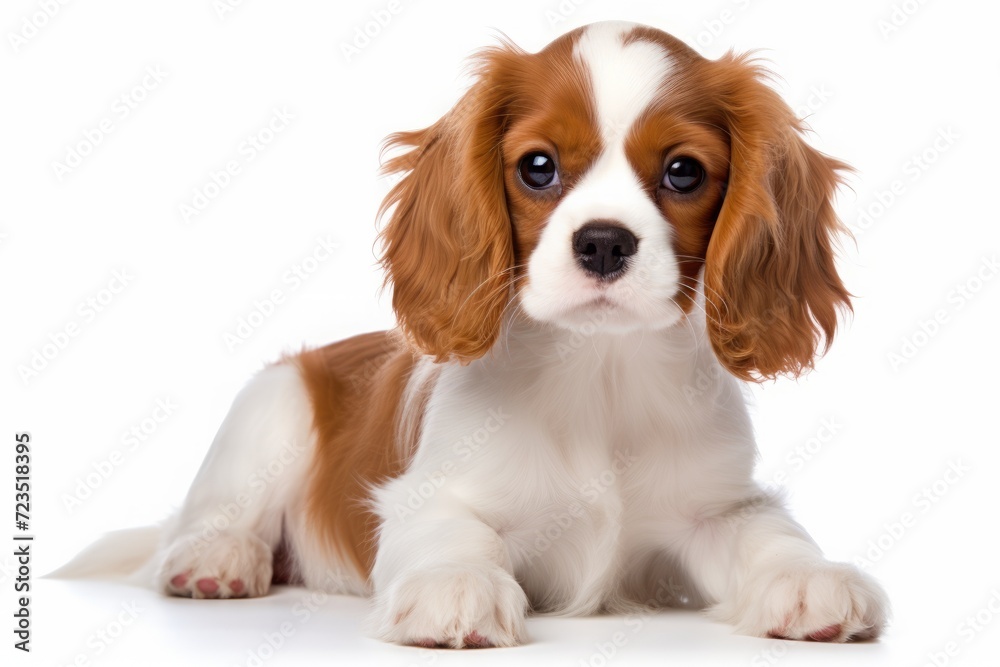 The puppy is a King Charles spaniel, a dog. an ornamental breed, a pet.