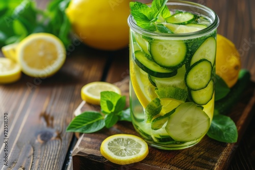Infused water with cucumber and lemon in a glass jar. Detox, diet, healthy eating or weight loss.