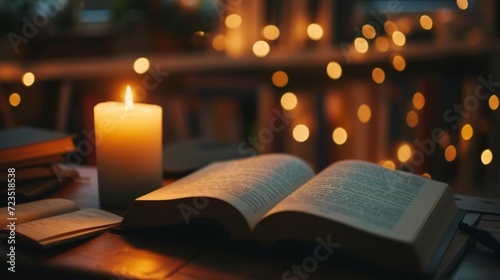 Image of an open book on a desk, surrounded by scattered notes and a lit candle © mariyana_117
