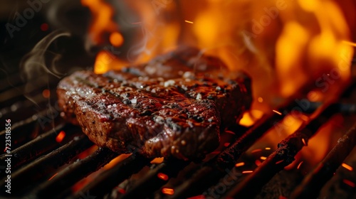 Juicy bloody steak on the grill against the background of flames. Shallow depth of field