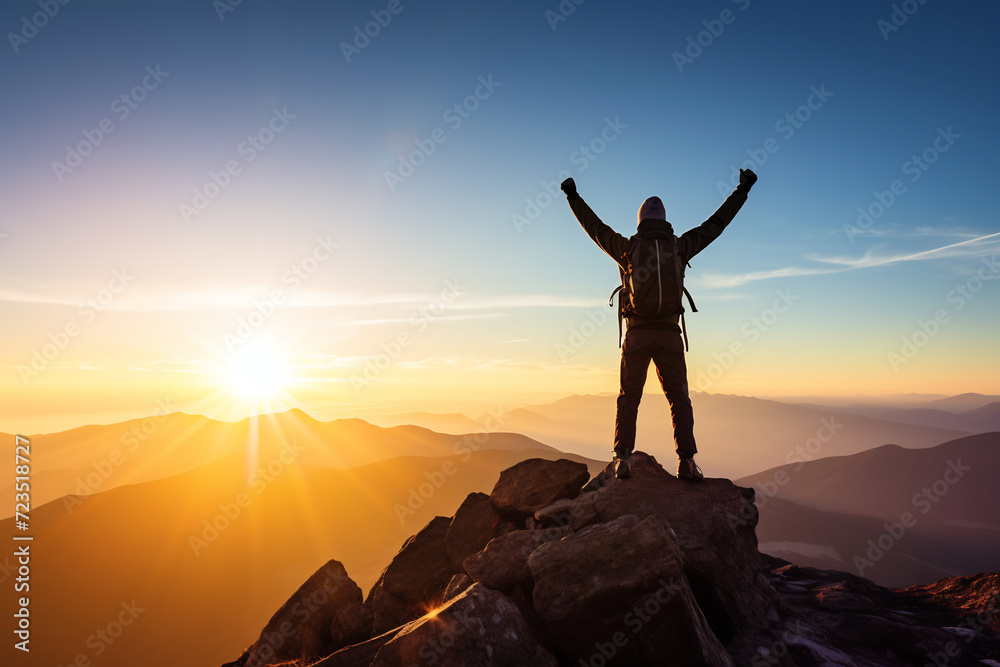 Triumph at Twilight. Adventurous Hiker Celebrating on Mountain Summit at Sunset. Achievement and Nature's Majesty