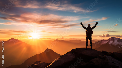 Triumph at Twilight. Adventurous Hiker Celebrating on Mountain Summit at Sunset. Achievement and Nature's Majesty