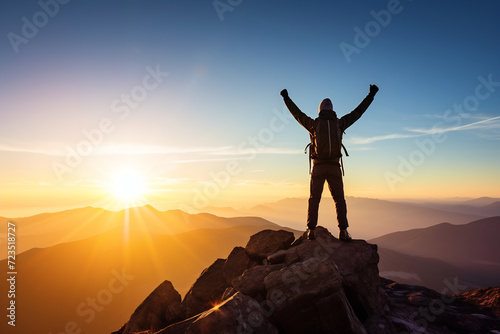 Triumph at Twilight. Adventurous Hiker Celebrating on Mountain Summit at Sunset. Achievement and Nature's Majesty © AspctStyle