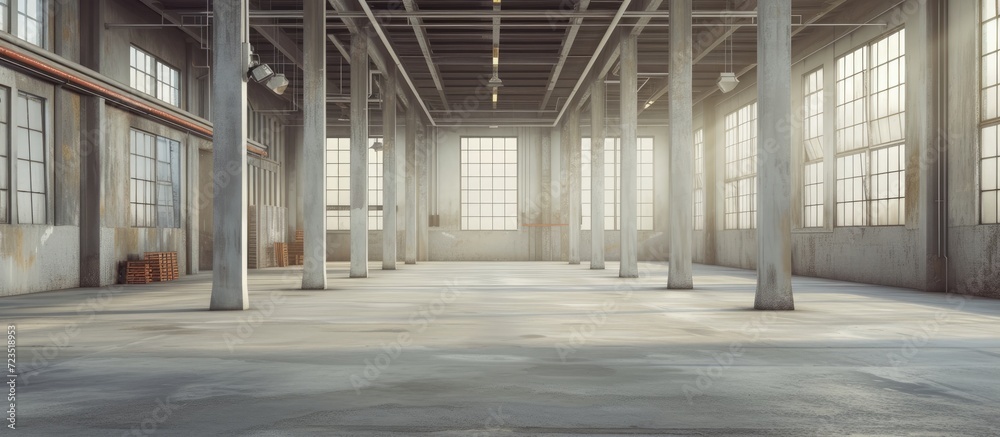 Detailed clean and empty industrial space with supporting poles. Detailed clean and empty industrial space with supporting poles.
