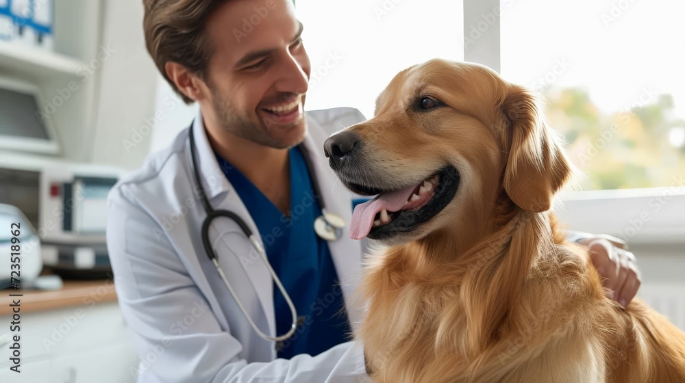Medicine, pet, animals, health care and people concept - happy veterinarian or doctor with golden retriever dog at vet clinic Medicine, pet, animals, health care and people concept - happy veterinarian or doctor with golden retriever dog at vet clinic