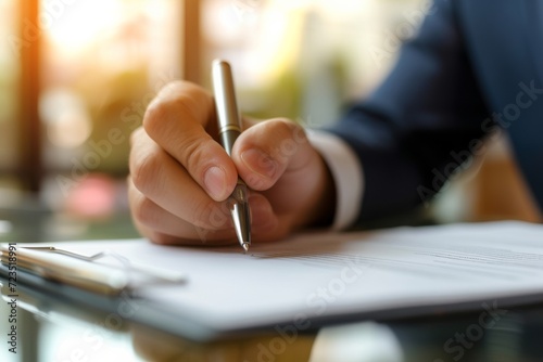 Photo of a businessman's hand signing a significant contract, pen in hand, with a confident posture. Close-up on the hand, blurred background of a modern office, 