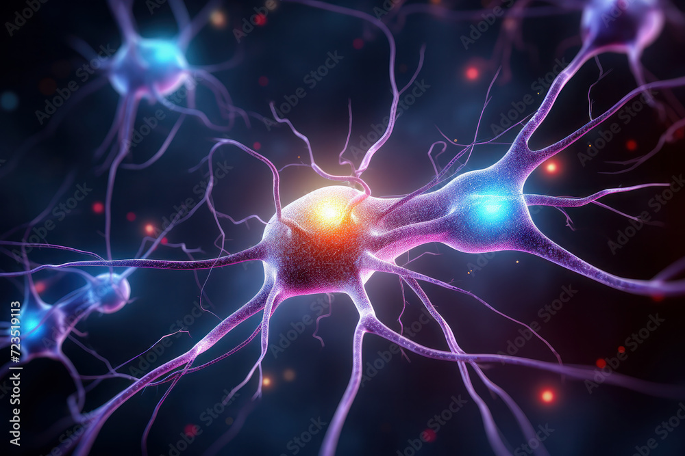 Detailed illustration of synaptic neurons connecting, depicting complex brain functions. AI Generative.