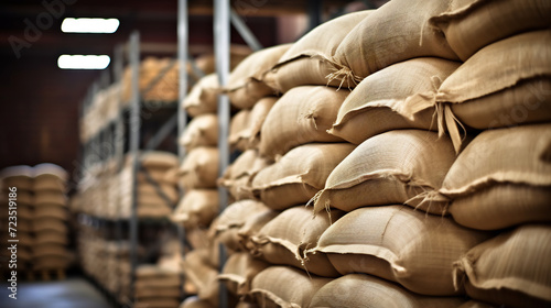 Stacked Burlap Sacks of Raw Materials in Warehouse Storage. Industrial Supply Chain and Logistics