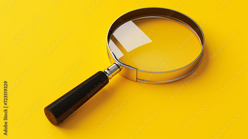 Sleek magnifying glass on yellow background, symbolizing search and focus, AI Generative. Sleek magnifying glass on yellow background, symbolizing search and focus, AI Generative.