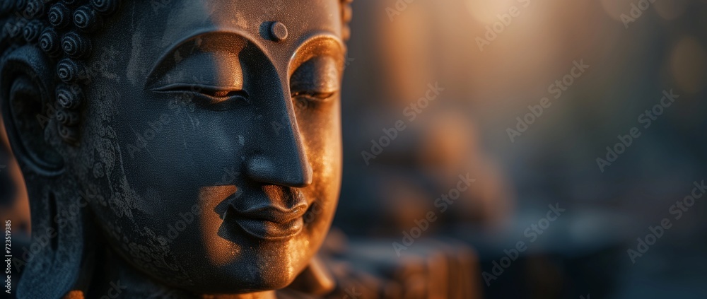 Close-up of a Buddha statue's face, bathed in warm golden light, exuding a sense of calm and spirituality. Close-up of a Buddha statue's face, bathed in warm golden light, exuding a sense of calm and spirituality.