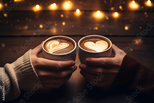 Love and Warmth. Close-up of Hands Holding Cups of Coffee with Heart Latte Art. Intimate Coffee Moment