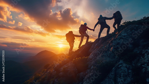 Hikers bond as they reach the summit at sunset, AI Generative.