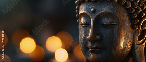 Close-up of a Buddha statue's face, bathed in warm golden light, exuding a sense of calm and spirituality. © Rudsaphon