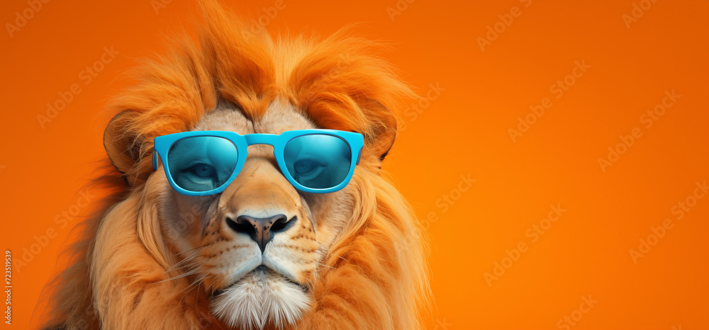 Obraz premium Lion drôle portant des lunettes de soleil en studio avec un fond coloré et lumineux, orange, image avec espace pour texte.