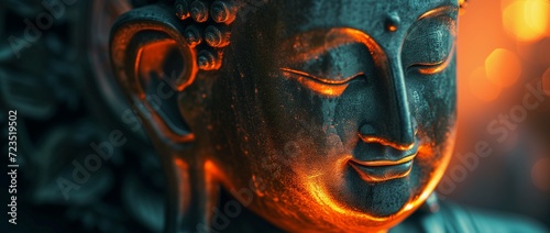 Close-up of a Buddha statue s face  bathed in warm golden light  exuding a sense of calm and spirituality.