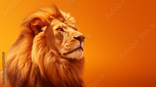 Le portrait d'un lion, sur fond orange, image avec espace pour texte.