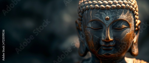 Close-up of a Buddha statue's face, bathed in warm golden light, exuding a sense of calm and spirituality.