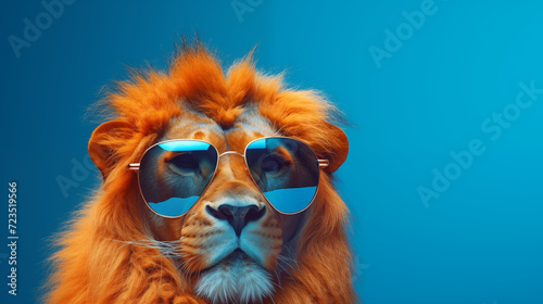 Le portrait humoristique d'un lion avec des lunettes de soleil, sur fond bleu, image avec espace pour texte. © David Giraud