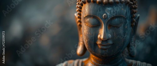 Close-up of a Buddha statue s face  bathed in warm golden light  exuding a sense of calm and spirituality.