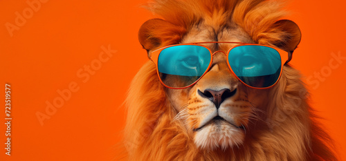 Le portrait humoristique d'un lion avec des lunettes de soleil, sur fond orange, image avec espace pour texte. © David Giraud