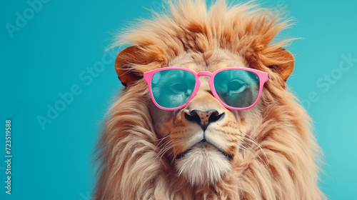 Le portrait humoristique d'un lion avec des lunettes de soleil, sur fond bleu. © David Giraud