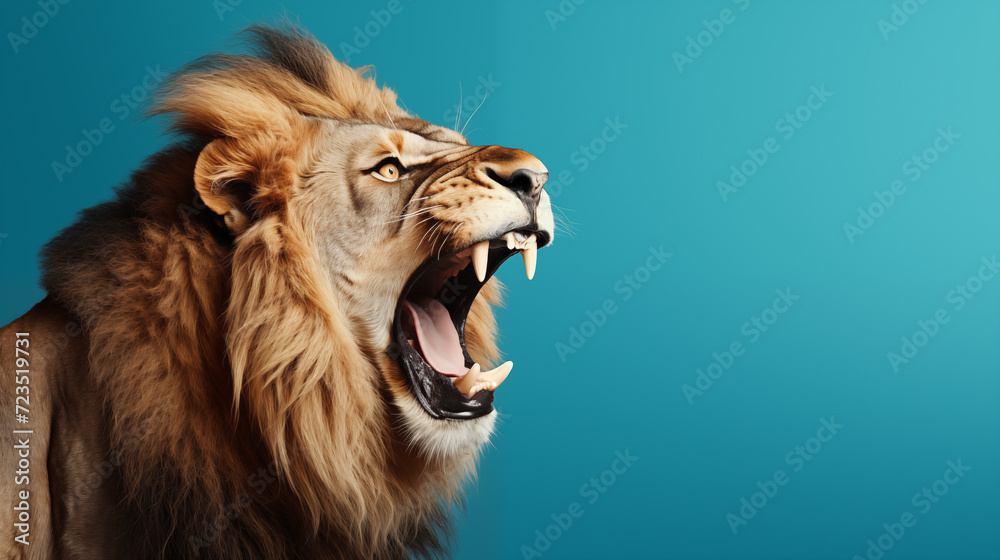Un lion majestueux rugissant, sur fond bleu, image avec espace pour texte.