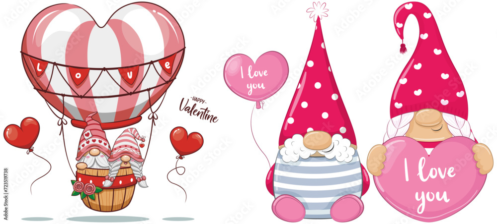 Set of Cute Cartoon Gnomes, Gnome in love, Gnome with heart Set of Cute Cartoon Gnomes, Gnome in love, Gnome with heart