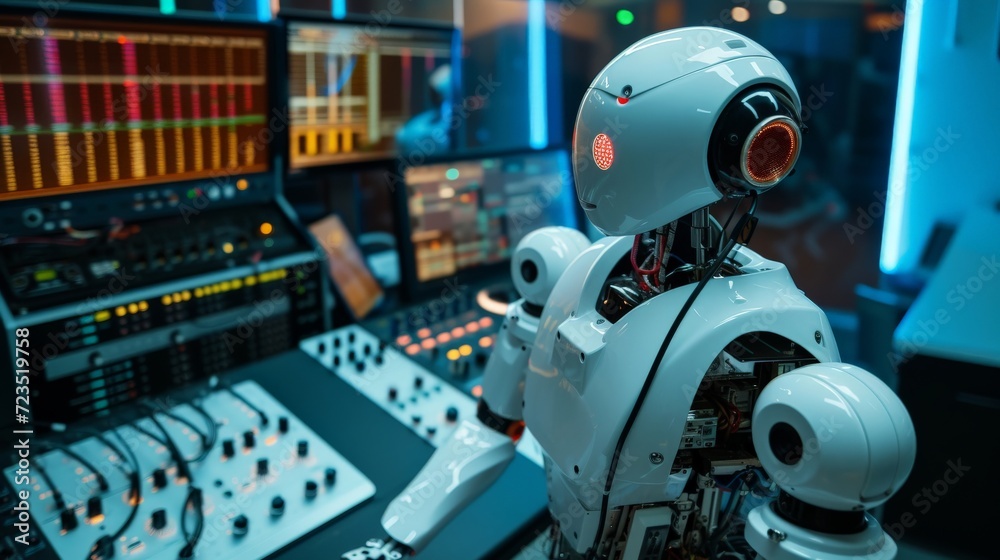 Humanoid AI robot working at the radio station studio, artificial intelligence and entertainment concept Humanoid AI robot working at the radio station studio, artificial intelligence and entertainment concept