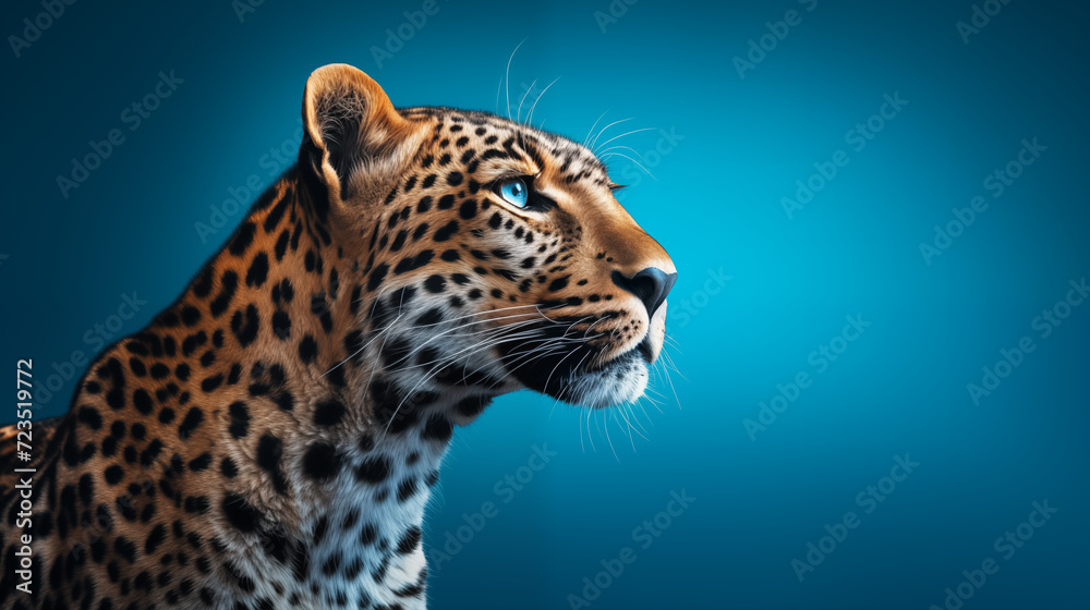 Obraz premium Portrait d'un léopard assis, regardant fièrement, sur fond bleu, image avec espace pour texte.