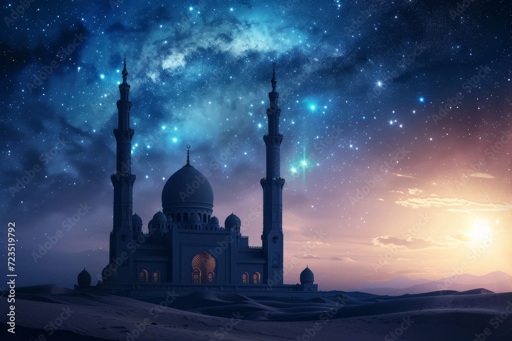Photo of an Islamic mosque in a desert under a full moon, with a cosmic backdrop of a distant galaxy. Mosque in the foreground,