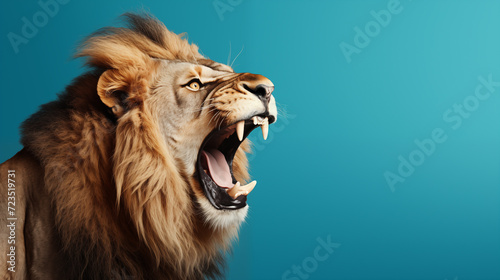 Un lion majestueux rugissant, sur fond bleu, image avec espace pour texte. photo